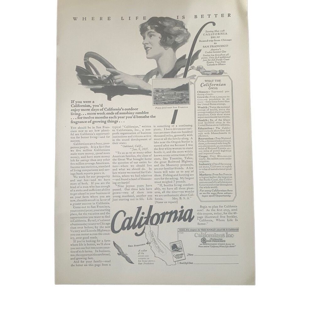 Vintage 1927 California Where Life is Better Ad Advertisement